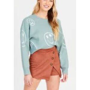 Altar'd State Seafoam Green Smiley Face Long Sleeved Crop Sweater M